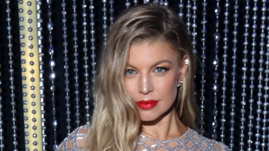 Fergie Smiles in Silver Dress and Red Lipstick