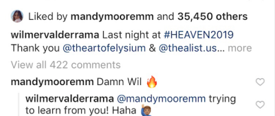 Mandy Moore commenting on Wilmer Valderrama's Instagram
