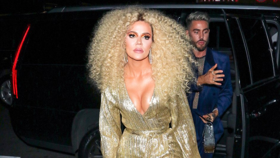 Khloe Kardashian Wearing Curly Hair and a Gold Dress