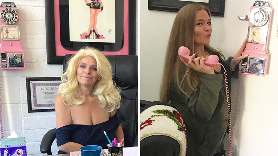 Split Photo of Beth Chapman Sitting At Her Desk and Cecily Chapman Answering Fake Phone Behind The Desk
