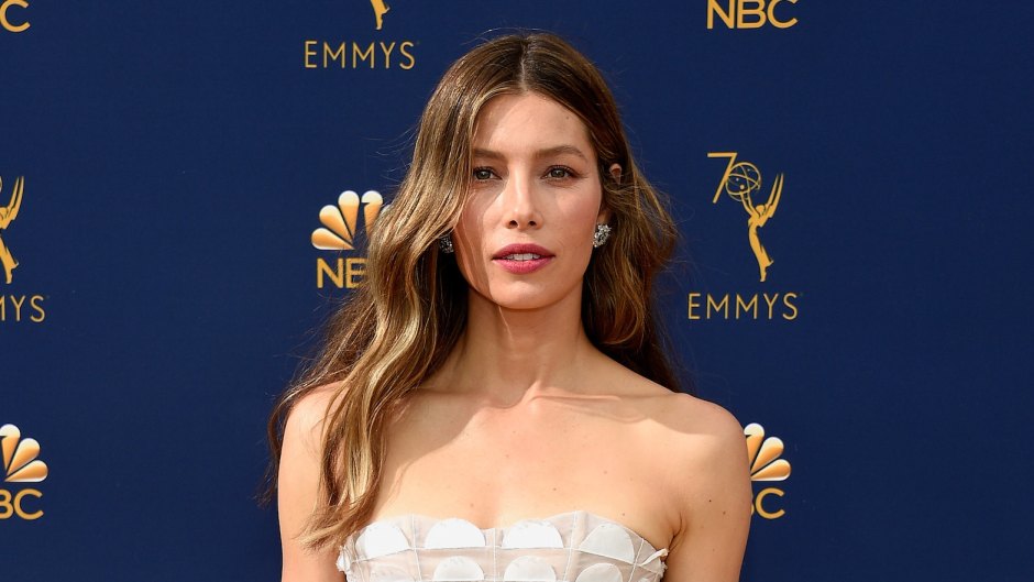 Jessica Biel Wearing a White Dress With Her Hair Down