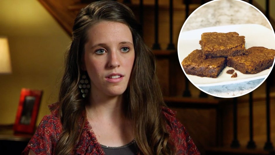 Jill Duggar Looking Concerned With Inset of 3 Brownies on a White Plate on a Kitchen Counter