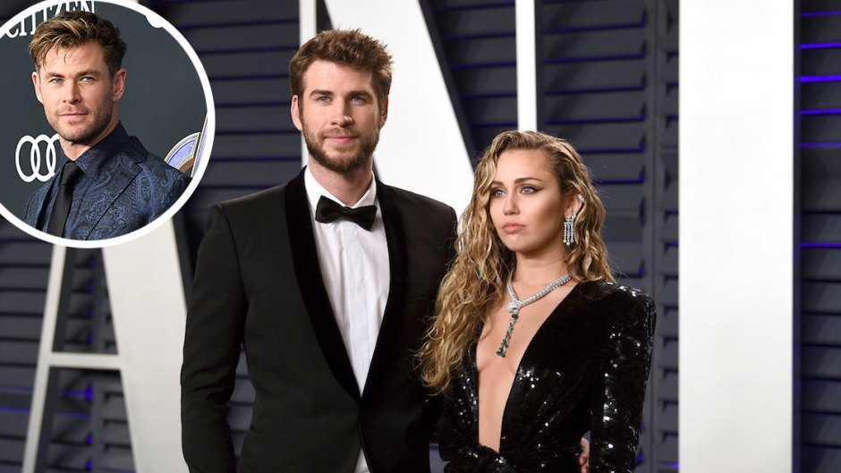In-set Photo of Chris Hemsworth over Photo of Miley Cyrus and Liam Hemsworth
