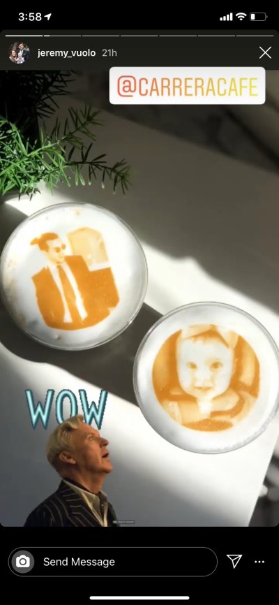 jinger duggar's husband jeremy vuolo shared a photo of two iced lattes featuring personalized photo realistic foam art featuring images of jeremy and their daughter felicity
