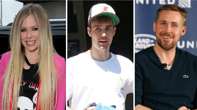 avril lavigne wears pink blazer over black graphic tee, justin bieber wears white and green trucker hat and white t shirt, ryan gosling wears black sweater in a three way photo split is justin bieber related to avril lavigne and ryan gosling