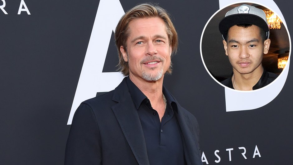 In-Set Photo of Maddox Wearing Baseball Cap Over Photo of Brad Pitt on Red Carpet