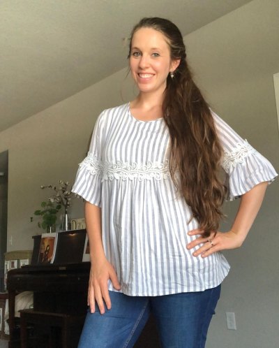 Jill Duggar In Jens and Blue and White Striped Shirt