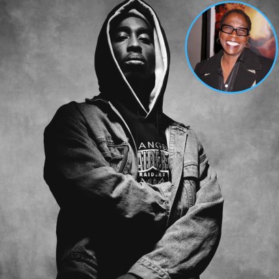 (L) A black-and-white shot of Tupac Shakur in a sweatshirt and jacket (R) Tupac Shakur's mom, Afeni, smiles in a black shirt