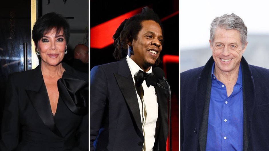Kris Jenner in black, Jay-Z wearing a tuxedo, and Hugh Grant in a blue button down