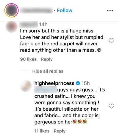 Screenshot of Jessica Paster's comment on Instagram regarding Quinta Brunson's 'wrinkled' Emmys dress
